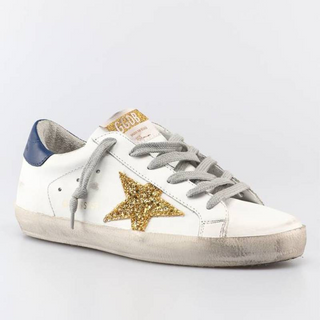Golden Goose Super-Star Distressed Sneakers White and Blue w/ Gold Star EU 40