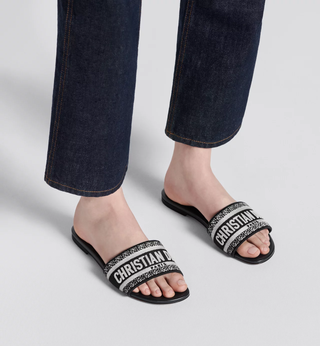 DIOR Dway Embroidered Christian Dior Cotton Slide Flat Sandals Black Women's 38