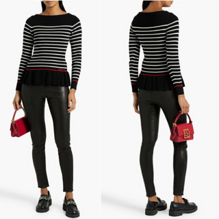 Red Valentino Ruffled Hem Ribbed-Knit Sweater Striped Black Women's Size Medium