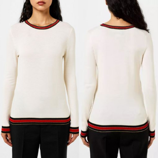 Gucci Wool Lurex Web Trim Crew Neck Pullover Sweater Cream Women's Size Small