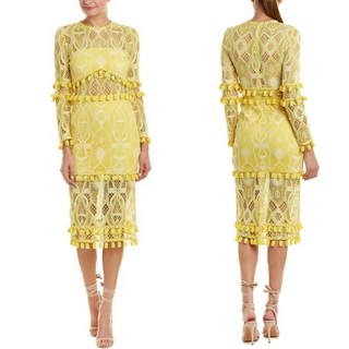 Alexis Callie Embroidered Eyelet Lace Pom-Pom Midi Dress Yellow Women's Large