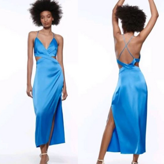 Zara Sleeveless Asymmetric Cut-Out Satin Effect Midi Dress Blue Women's Size XS