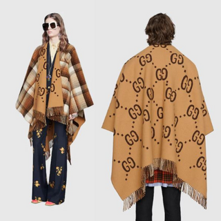 Gucci Oversized Reversible GG Tartan Fringe Trim Wool Cape Brown Unisex One Size
