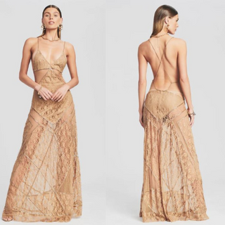 Retrofête Gianni Beaded Geometric Lace Maxi Dress Champagne Women's Size Medium