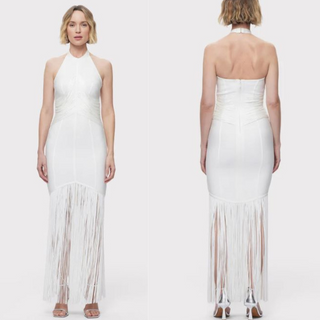 NWT Herve Leger Draped Waist Halter Fringe Gown Alabaster Women's Size Medium