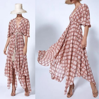 Alexis Sania Patterned Handkerchief Hem Midi Dress Blush White Women's Size XS