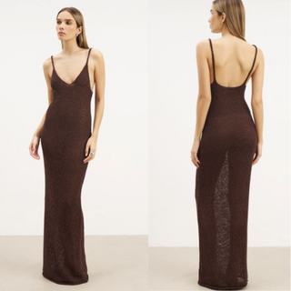 Boa Crochet Knit Plunging V-Neck Cami Maxi Dress Carob Brown Women's Size XS