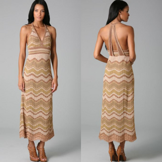 Missoni Lurex Wave V-Neck Scallop Hem Sleeveless Maxi Dress Gold Multi Womens 40