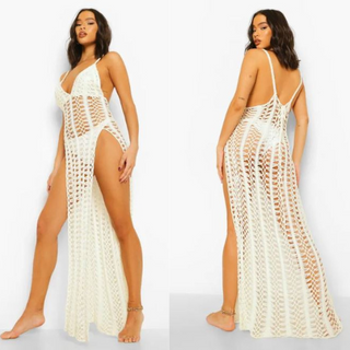 boohoo Open Crochet Split Leg Beach Cover-Up Maxi Dress White Women's Size Small