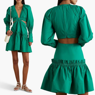 A.L.C. Alexa Cutout Gathered Cotton Poplin Ruffle Trim Mini Dress Jade Womens 6