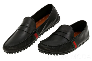 Gucci Black Leather Web Trim Slip On Moccasin Penny Loafers Black Men's Size 11