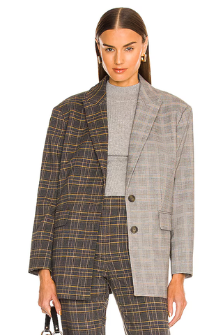 Something Navy Plaid Long Sleeve Peak Lapel Oversized Blazer Brown Contrast XS