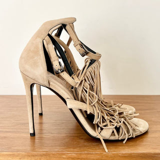 Barbara Bui Suede Multi Strap Fringe Stiletto Heels Sandal Beige Women's 38 /7.5