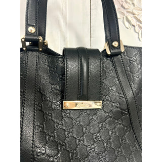 Gucci Guccissima Embossed Leather Flat Top Handle Tote Bag Black