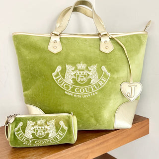 VTG Juicy Couture Velvet Leather Y2k Velour Tote Bag W/ Roll Purse Green Women's