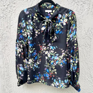 $248 Parker Long Sleeve Floral Print V-Neck Tie Top Blouse Black Women's Large