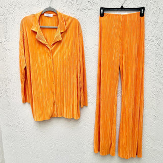 Storets Maria Oversized Plisse Shirt & Flared Leg Pants Set Orange Women's S / M