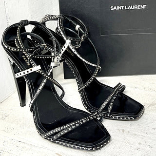 Saint Laurent Leather Crystal Embellished Cone Heel Strappy Sandals Black 39/8.5