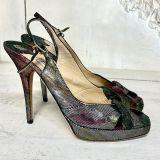 Jimmy Choo Textured Suede Metallic Peep Toe Slingback Stilettos Pumps Multi 38.5