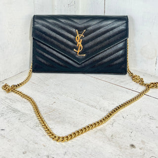 YSL Yves Saint Laurent Cassandre Leather Envelope Crossbody Bag With Chain Strap
