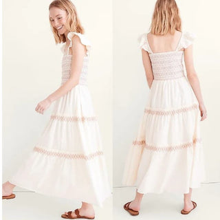 NWOT Madewell Sleeveless Lucie Smocked Tiered Midi Dress Cream Pink Women Large