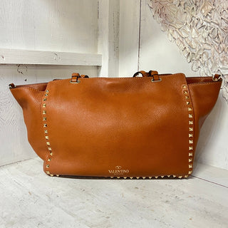 Valentino Garavani Rockstud Pebbled Leather Medium Tote Handbag Brown