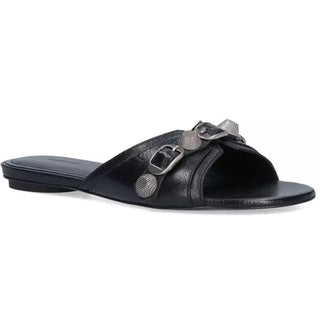 Balenciaga Cagole Arena Lambskin Slip On Open Toe Flat Sandals Black Women's 37