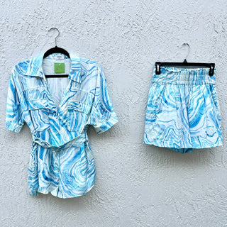 Suboo Psychedelic Agate Print Shirt & Elastic Waist Shorts Set Blue Womens Small
