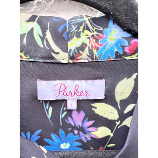 $248 Parker Long Sleeve Floral Print V-Neck Tie Top Blouse Black Women's Large
