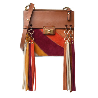 Chloe Jane Caramel Calfskin Suede Fringe Rainbow Patchwork Crossbody Satchel Bag