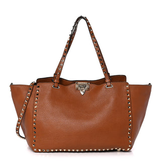 Valentino Light Leather Pebbled Calfskin Rockstud Tote Brown Medium