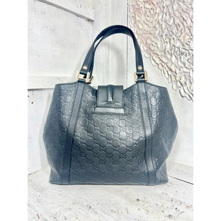 Gucci Guccissima Embossed Leather Flat Top Handle Tote Bag Black