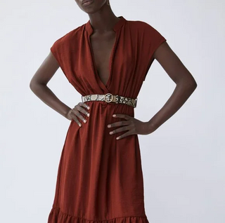 NWT Zara Cap Sleeve Belted Tiered A-Line Midi Dress Terracotta Womens Size Large