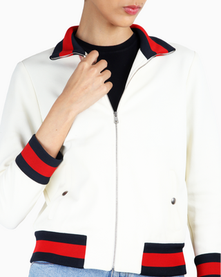 Gucci Web Trim Long Sleeve Full Zip Twill Bomber Jacket Cream Women's Size Small