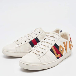 Gucci Leather Web Ace Lace Up Embroidered Loved Sneakers White Womens Size 37