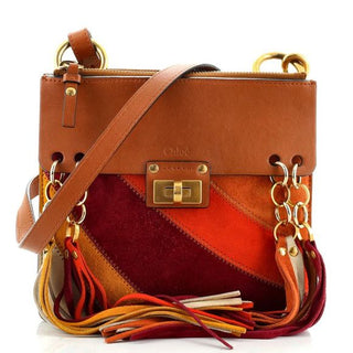 Chloe Jane Caramel Calfskin Suede Fringe Rainbow Patchwork Crossbody Satchel Bag