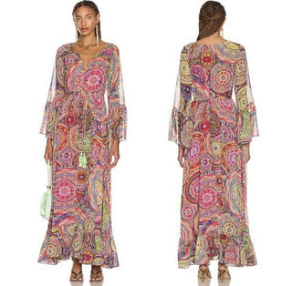 Alexis Charisma Paisley Print Belted Flounce Maxi Dress Mystic Womens Size Small