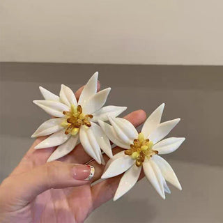 White Large Floral Plastic Stud Statement Earrings with Beaded Details