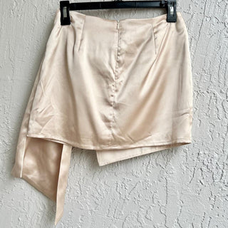 NWT SkyLar Rose Asymmetrical Ruched Side Satin Mini Skirt Beige Women's Small