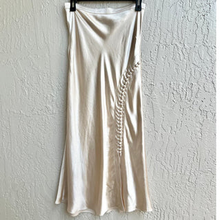 L'Academie Satin Magda A-Line Maxi Skirt Front Loop Button Light blush Women's M