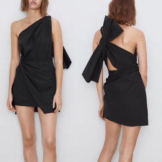 Zara Asymmetric One Shoulder Mini Dress with Twist Large Bow Ribbon Black XS