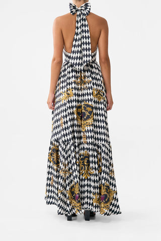 NWOT Camilla Monarchy Mania Crystal Ruffle Hem Halter Maxi Dress White Black S