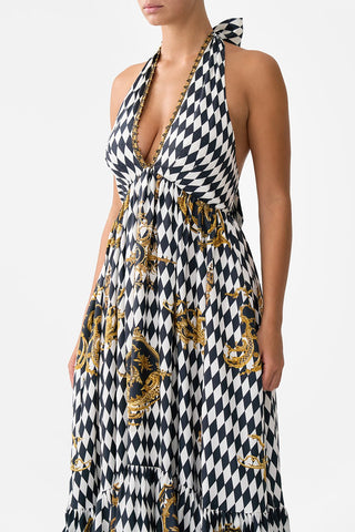 NWOT Camilla Monarchy Mania Crystal Ruffle Hem Halter Maxi Dress White Black S