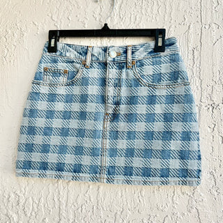 $380 NWT AMI Paris Gingham High Waisted Jacquard Denim Mini Skirt Blue 26 / 2