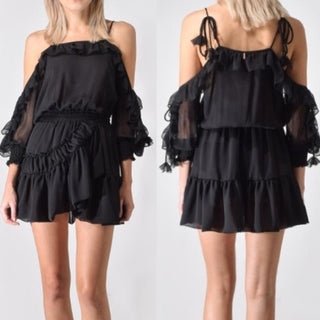 Misa Los Angeles Emelie Tie Cold Shoulder Ruffle Hem Mini Dress Black Women's XS