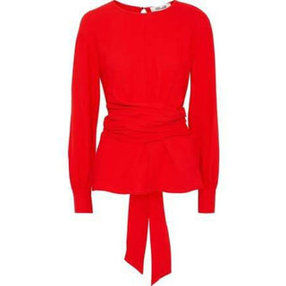 Diane Von Furstenberg Long Sleeve Tie Back Crepe Top Blouse Red Women's Size  6