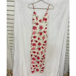 White Fox Floral Print Sleeveless V-Neck Bodycon Midi Dress White/Pink Womens XS