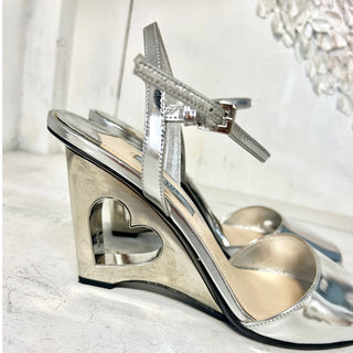 Prada Metallic Leather Heart-Cutout Ankle Strap Wedge Sandals Argento Women 38/8