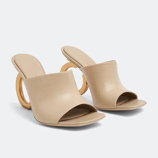 Ferragamo Leather Circular Gold-Tone Sculptural Gancini Heel Mules Beige US 9.5