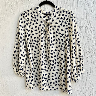 Lauren Gold Dolman Sleeve Heart Print 100% Silk Top Blouse Cream Blue Women's M